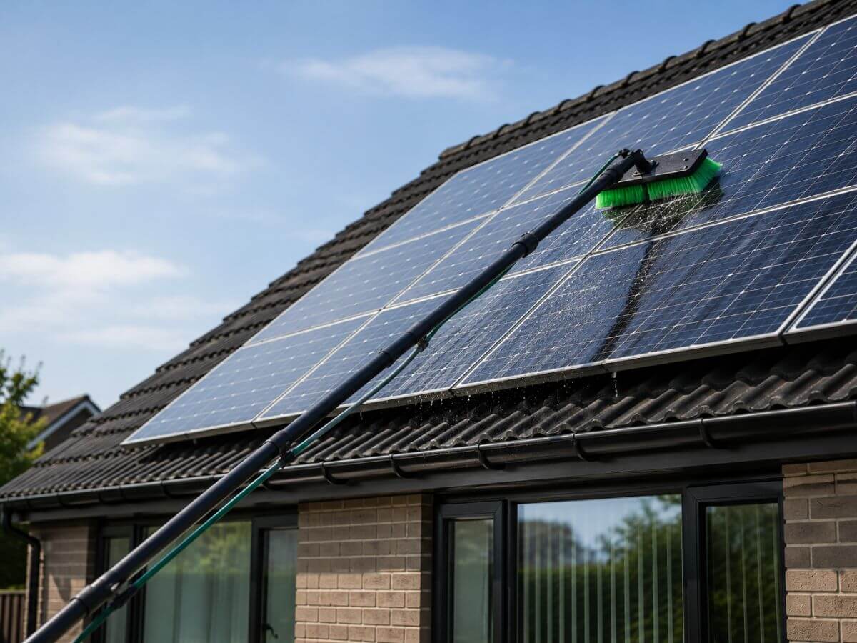 Solar panels being professionally cleaned using a water-fed pole system in Suffolk.
