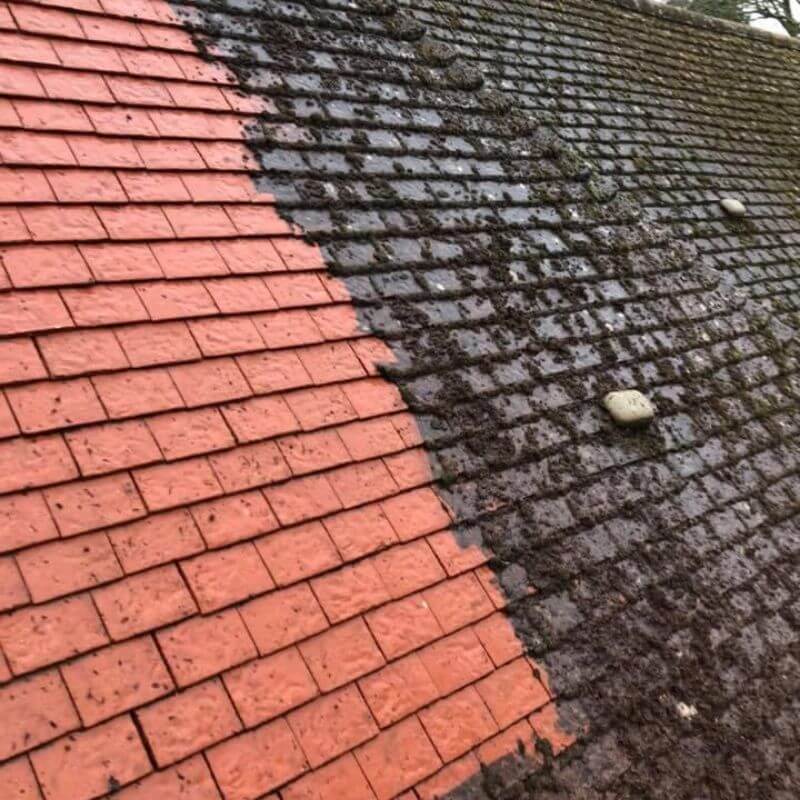 Professional cleaning of a clay tile roof to remove moss, algae and organic growth.